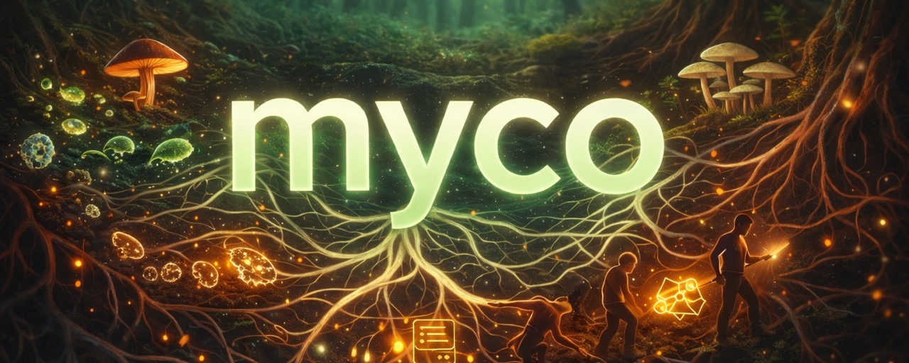 Mycelial network of roots beneath the forest floor, with glowing sage threads